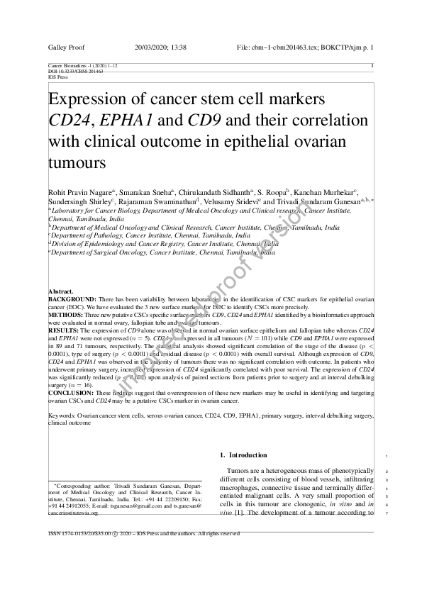 (PDF) Expression of cancer stem cell markers CD24, EPHA1 and CD9 and ...