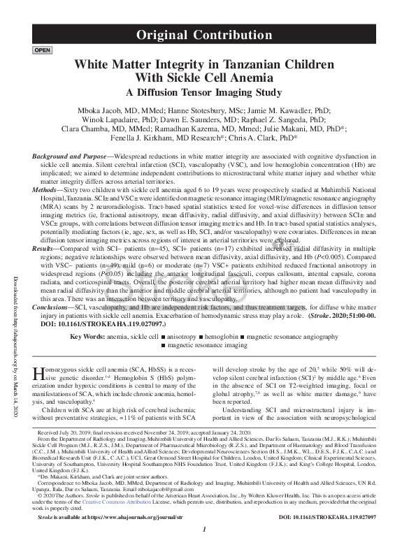 (PDF) White Matter Integrity in Tanzanian Children With Sickle Cell Anemia