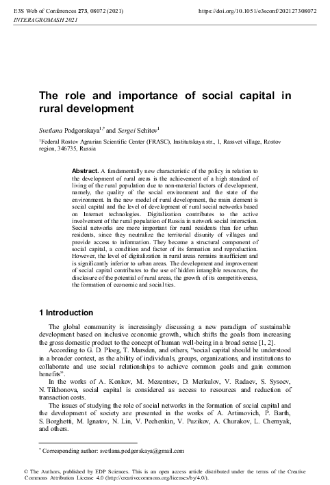 (PDF) The role and importance of social capital in rural development