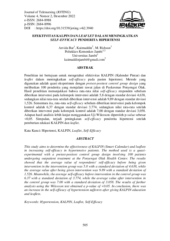 (PDF) Efektivitas KALPIN dan Leaflet dalam Meningkatkan Self-Efficacy ...