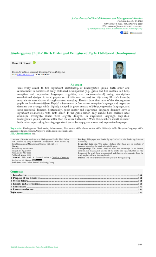 (PDF) Kindergarten Pupils’ Birth Order and Domains of Early Childhood ...