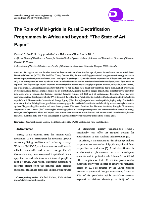 (PDF) The Role of Mini-grids in Rural Electrification Programmes in ...