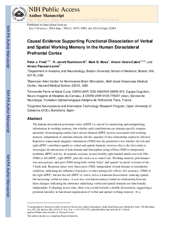 (PDF) Causal evidence supporting functional dissociation of verbal and ...