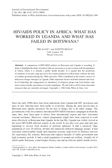 (PDF) HIV/AIDS policy in Africa: what has worked in Uganda and what has ...