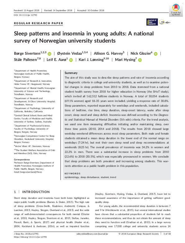(PDF) Sleep patterns and insomnia in young adults: A national survey of ...