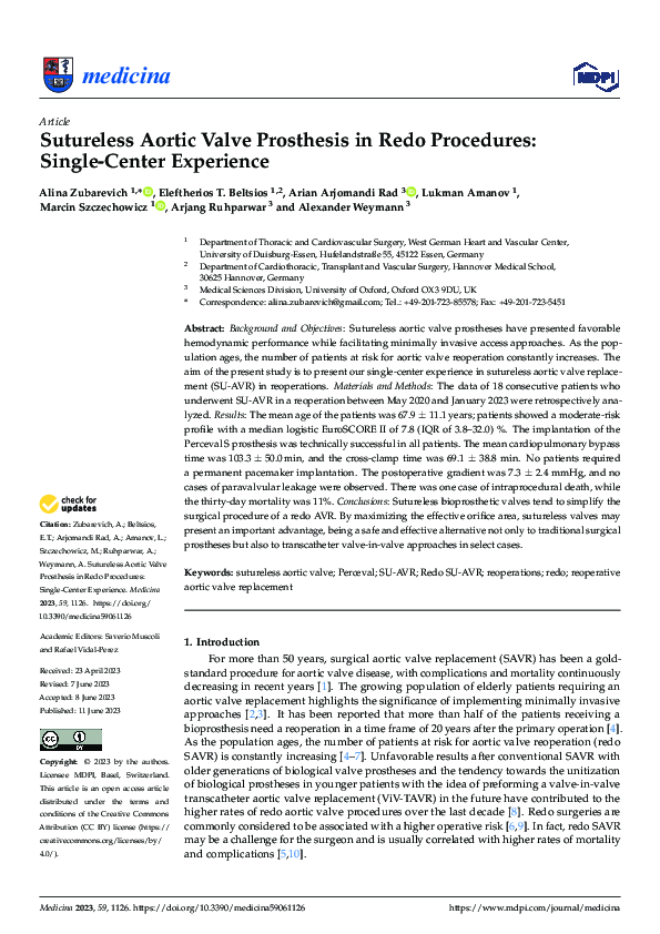 (PDF) Sutureless Aortic Valve Prosthesis in Redo Procedures: Single ...