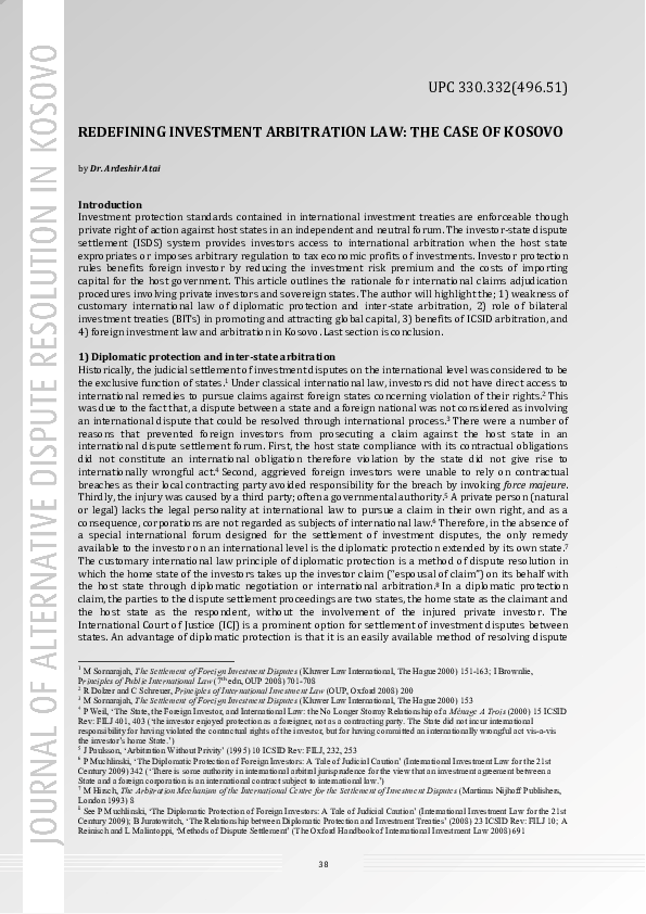 (PDF) Redefining Investment Arbitration Law: The Case of Kosovo