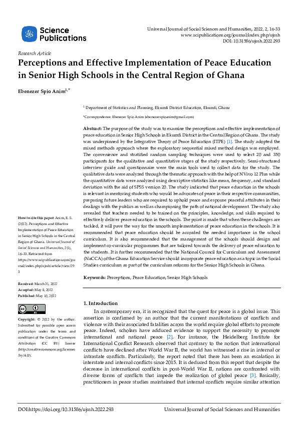(PDF) Perceptions and Effective Implementation of Peace Education in ...