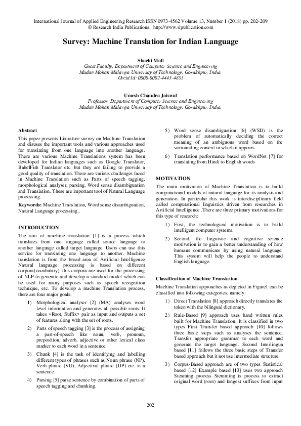 (PDF) Survey : Machine Translation for Indian Language