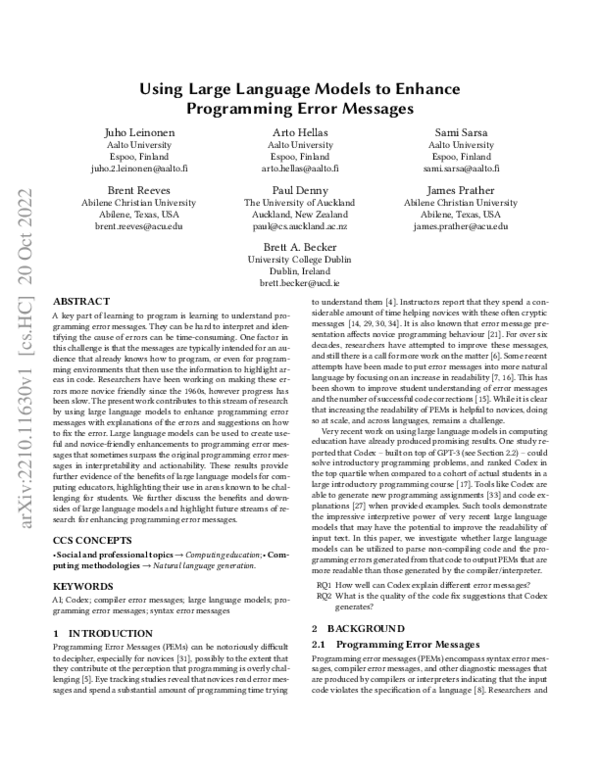 (PDF) Using Large Language Models to Enhance Programming Error Messages