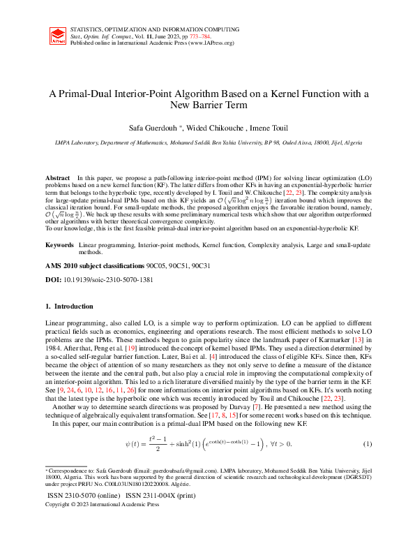 (PDF) A Primal-Dual Interior-Point Algorithm Based on a Kernel Function ...