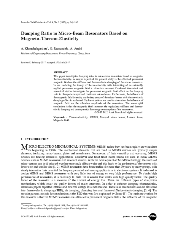 (PDF) Damping Ratio in Micro-Beam Resonators Based on Magneto-Thermo ...