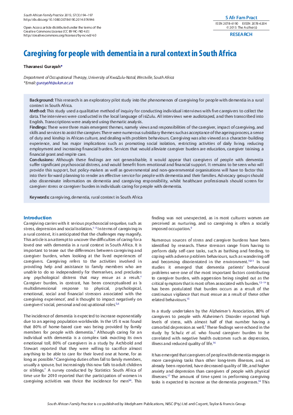 (PDF) Caregiving for people with dementia in a rural context in South ...