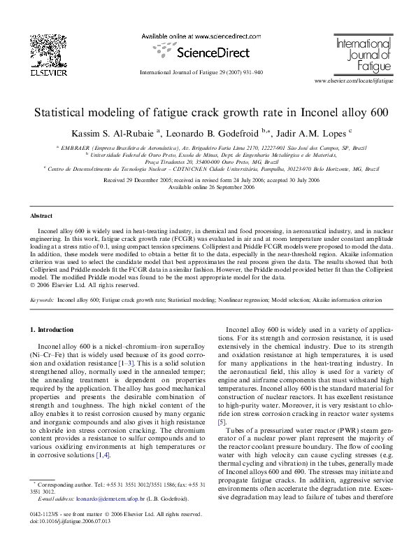 (PDF) Statistical modeling of fatigue crack growth rate in Inconel ...