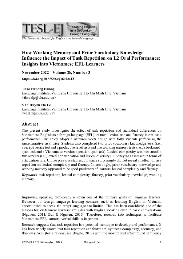 (PDF) How Working Memory and Prior Vocabulary Knowledge Influence the ...