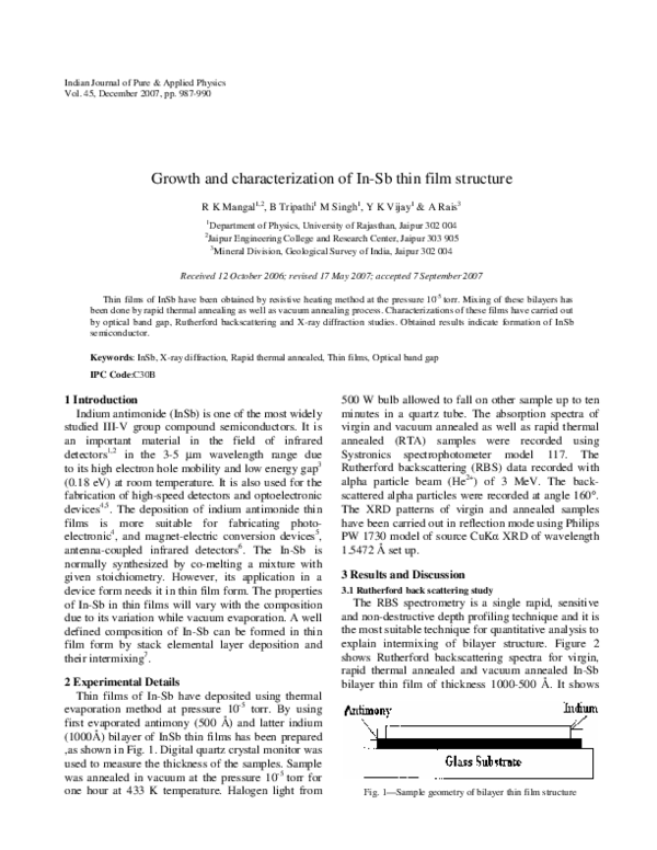 (PDF) Growth and characterization of In-Sb thin film structure
