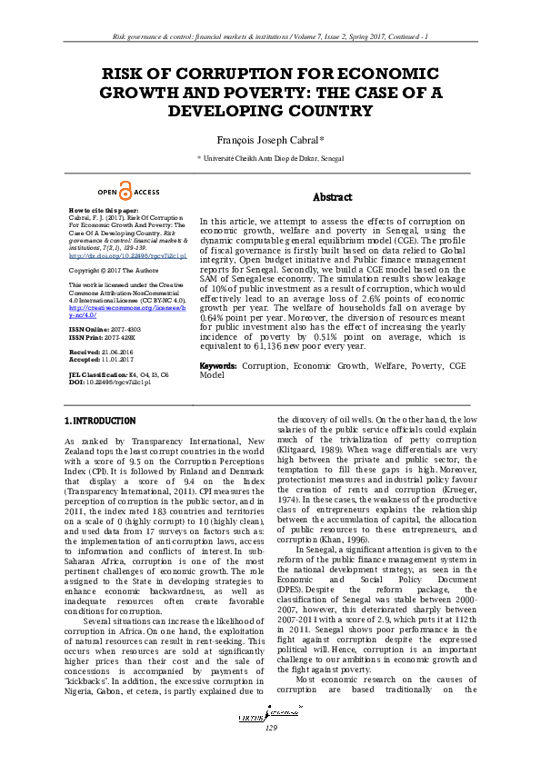 (PDF) Risk Of Corruption For Economic Growth And Poverty: The Case Of A ...