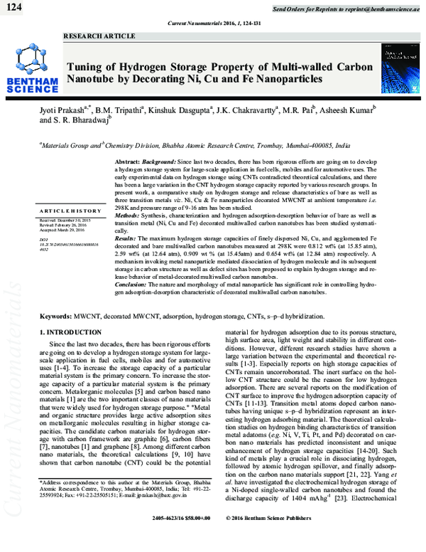(PDF) Tuning of Hydrogen Storage Property of Multi-walled Carbon ...