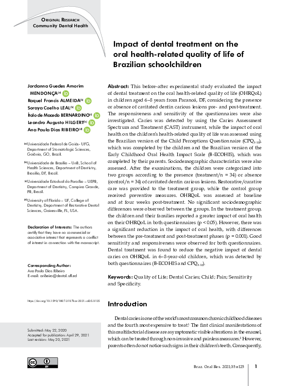 (PDF) Impact of dental treatment on the oral health-related quality of ...