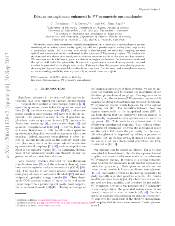 (PDF) Distant entanglement enhanced in PT -symmetric optomechanics ...