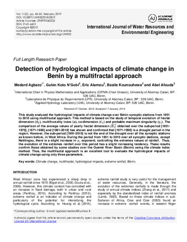 (PDF) Detection of hydrological impacts of climate change in Benin by a ...