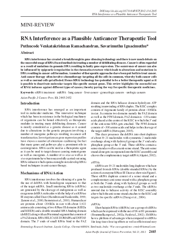 (PDF) RNA Interference as a Plausible Anticancer Therapeutic Tool