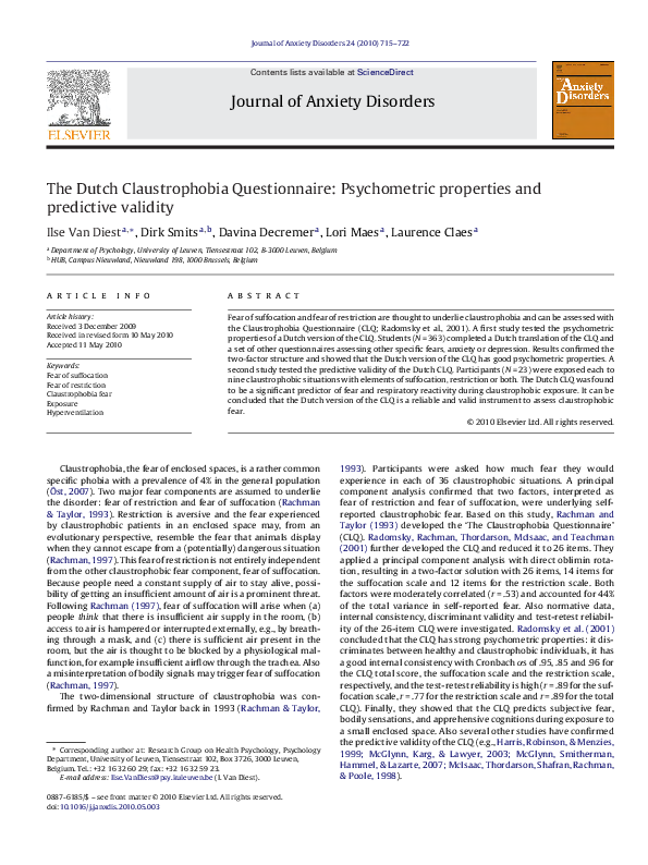 (PDF) The Dutch Claustrophobia Questionnaire: Psychometric properties ...