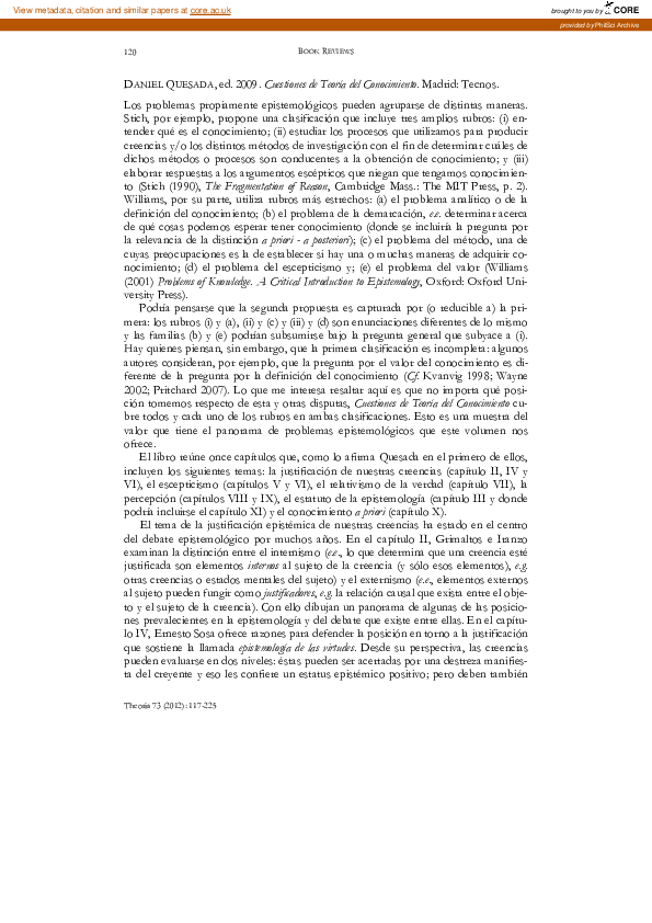 (PDF) Quesada, ed. 2009. Cuestiones de Teoría del Conocimiento