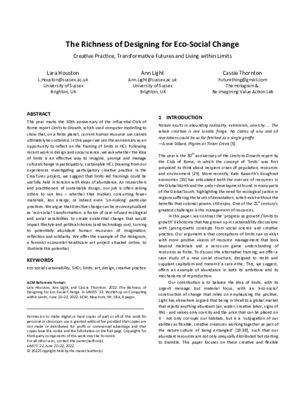 The Richness of Designing for Eco-Social Change: Creative Practice, Transformative Futures and Living within Limits