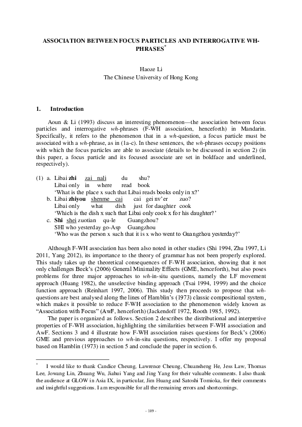 (PDF) Association Between Focus Particles and Interrogative WH- Phrases