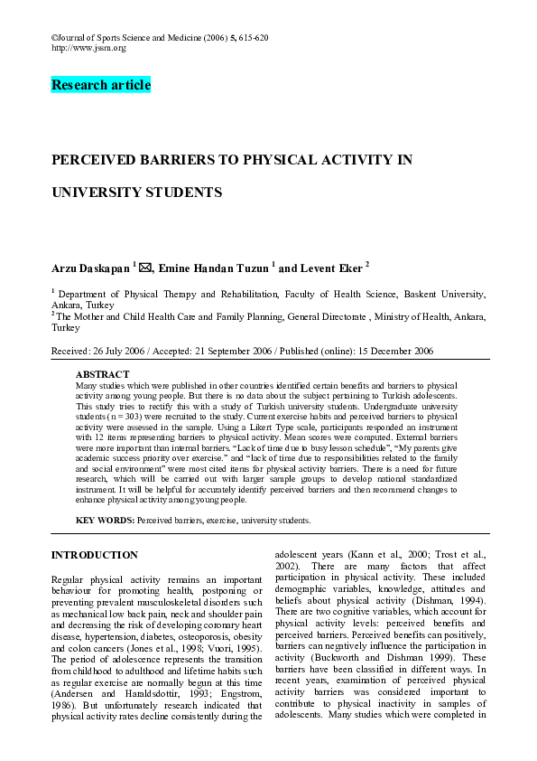 (PDF) Perceived barriers to physical activity in university students