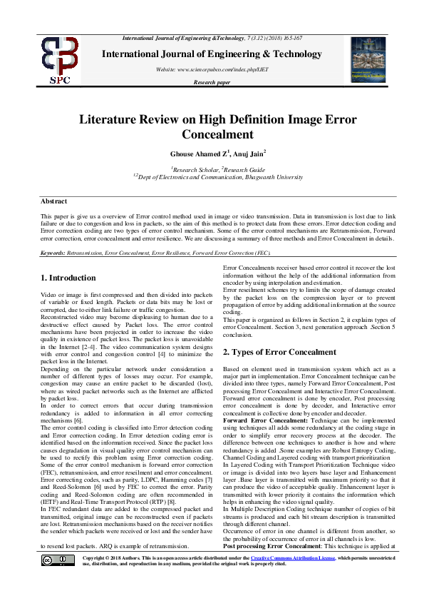 (PDF) Literature Review on High Definition Image Error Concealment