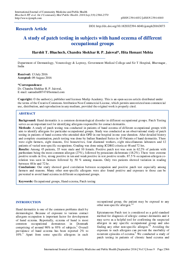 (PDF) A study of patch testing in subjects with hand eczema of ...