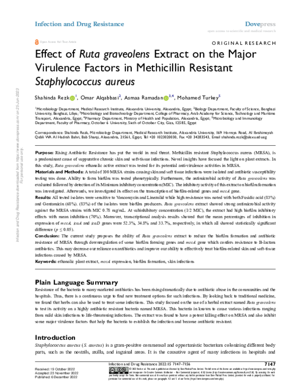 (PDF) Effect of Ruta graveolens Extract on the Major Virulence Factors ...