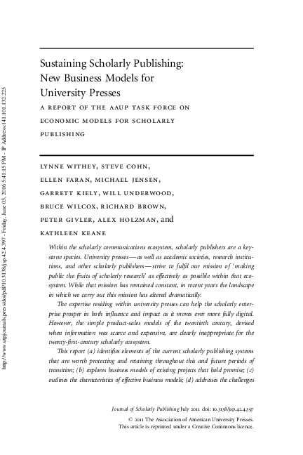 (PDF) Sustaining Scholarly Publishing: New Business Models for ...