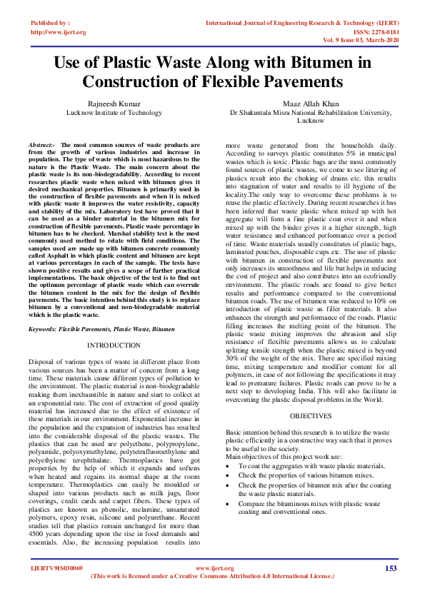(PDF) Use of Plastic Waste Along with Bitumen in Construction of ...