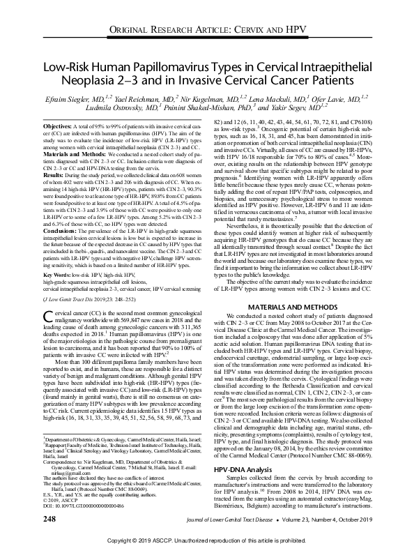 (PDF) Low-Risk Human Papillomavirus Types in Cervical Intraepithelial ...