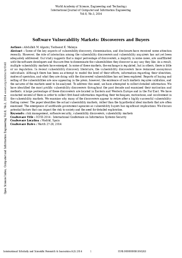 (PDF) Software Vulnerability Markets: Discoverers and Buyers