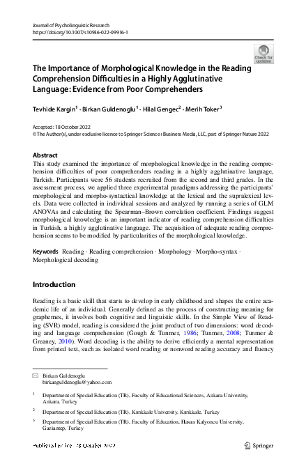 (PDF) The Importance of Morphological Knowledge in the Reading ...