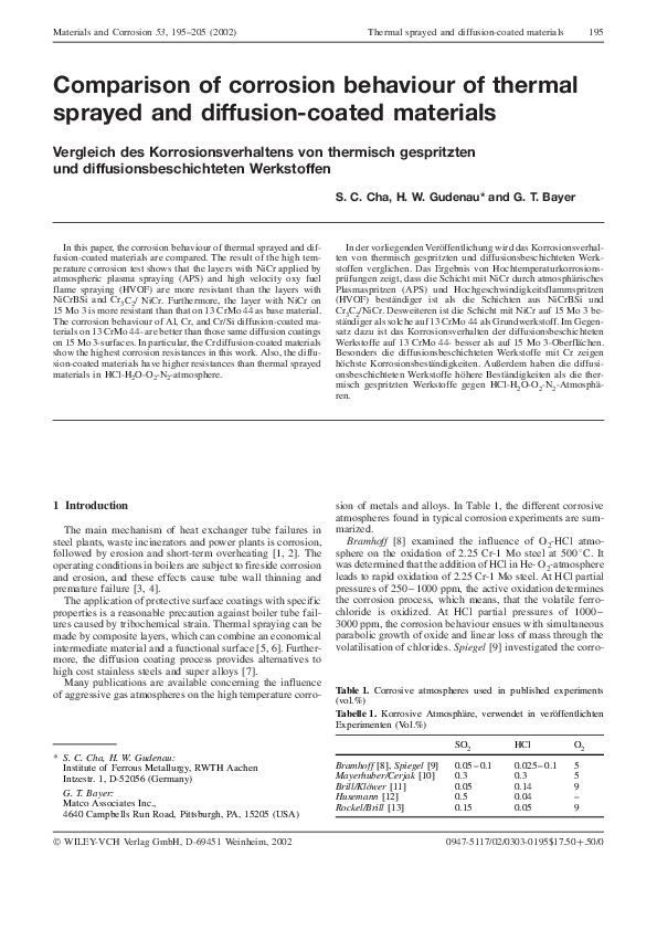 (PDF) Comparison of corrosion behaviour of thermal sprayed and ...
