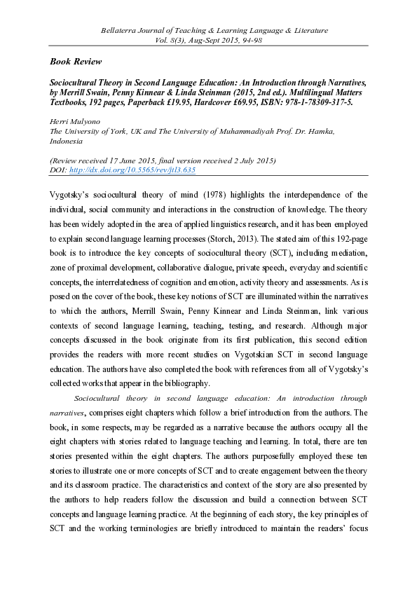 (PDF) Sociocultural Theory in Second Language Education: An ...