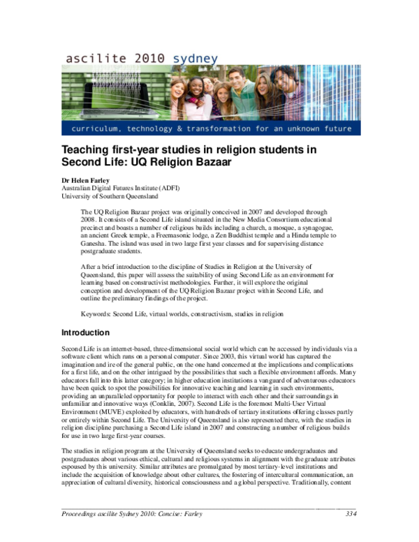(PDF) Teaching first-year studies in religion students in Second Life ...