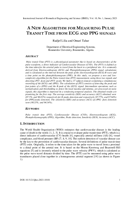 (PDF) A New Algorithm for Measuring Pulse Transit Time from ECG and PPG ...