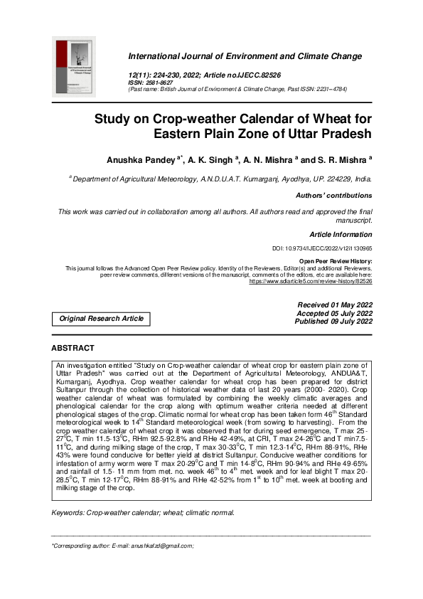 (PDF) Study on Crop-weather Calendar of Wheat for Eastern Plain Zone of ...