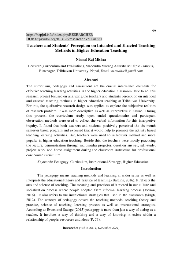 (PDF) Teachers and Students' Perception on Intended and Enacted ...