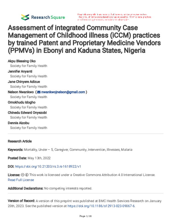 (PDF) Assessment of integrated Community Case Management of Childhood ...