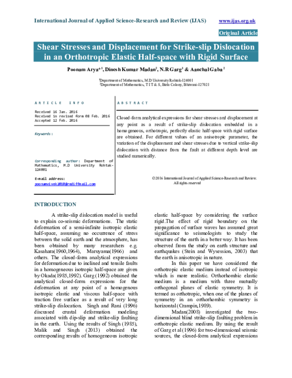 (PDF) Shear Stresses and Displacement for Strike-slip Dislocation in an ...