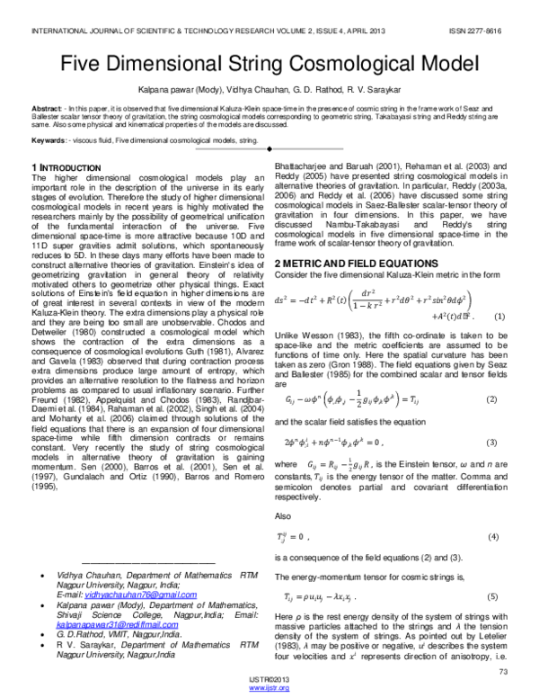 (PDF) Five Dimensional String Cosmological Model