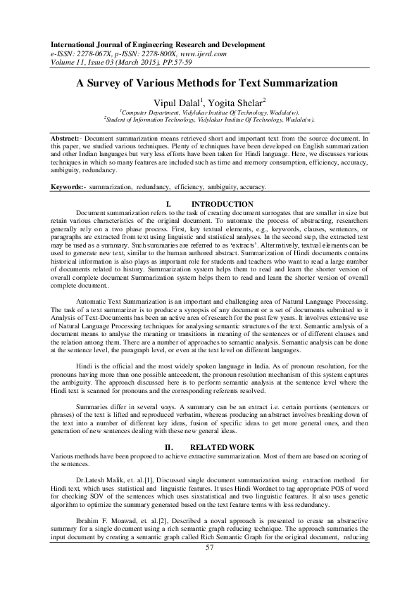 (PDF) A Survey of Various Methods for Text Summarization