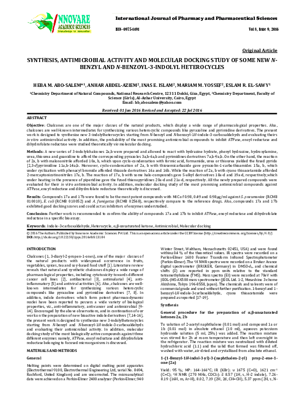 (PDF) SYNTHESIS, ANTIMICROBIAL ACTIVITY AND MOLECULAR DOCKING STUDY OF ...